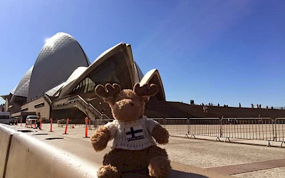 Reisemaskottchen Ole Einar vor der Oper in Sidney