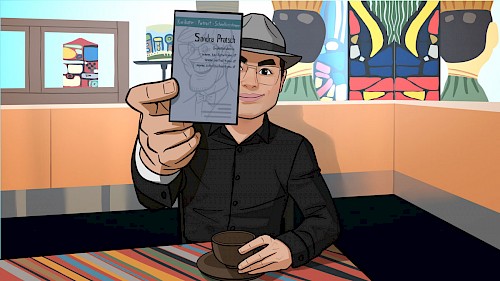 Schnellzeichner & Karikaturist Xi Ding Karikaturist zeigt die alte Visitenkarte seiner Frau